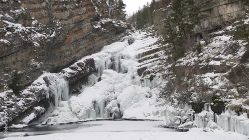Frozen waterfall in snowy landscape in southern alberta canada Watertown national park during with winter photo
