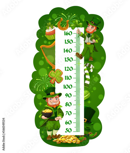Kids height chart with cartoon leprechauns. Vector growth measure meter or wall ruler sticker with centimeter scale, St Patrick leprechauns, pot of gold, lucky shamrock leaf and golden horseshoe