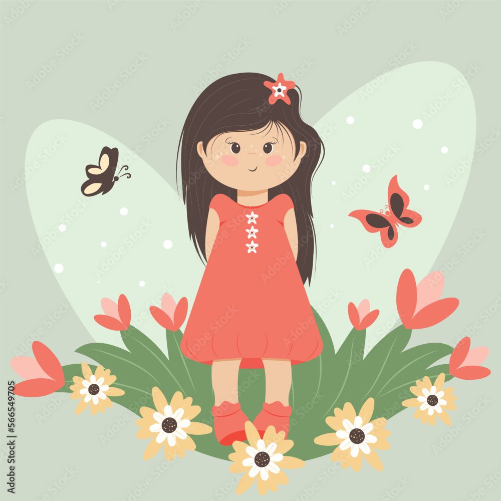 Funny little girl. Bright vector illustration for postcards, covers, invitations, packaging and much more