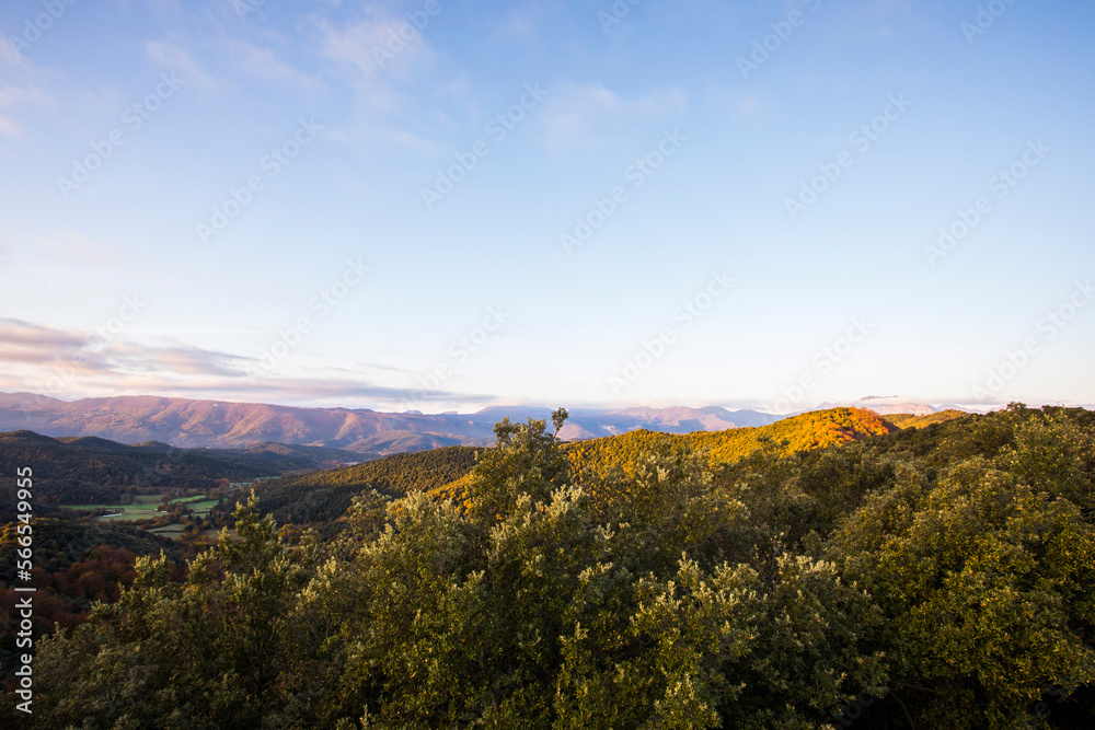 Autumn sunrise in the top of mountain in La Garrotxa, Spain