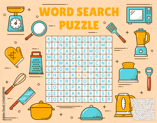 Kitchenware and utensil. Word search puzzle game worksheet. Quiz grid. Crossword playing activity, vocabulary puzzle or vector quiz with kitchen scales, kettle, toaster and blander, microwave, grater