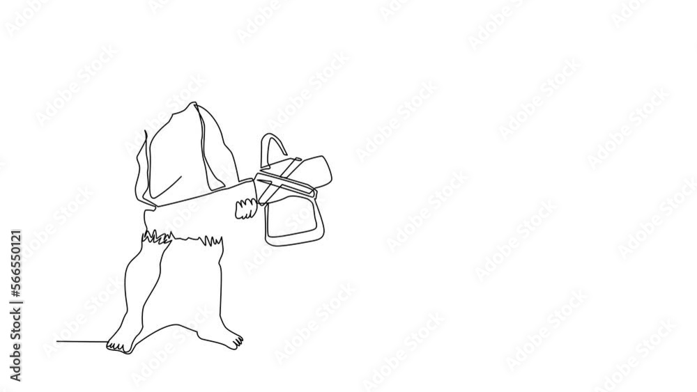 Animated self drawing of continuous line draw primitive archaic man wearing clothes made of animal skin holding big stone axe. Early human, hunter from stone age. Full length single line animation