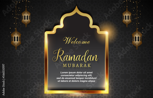welcome ramadan mubarak illustration with beautiful islamic ornament and abstract gradient black and golden background design