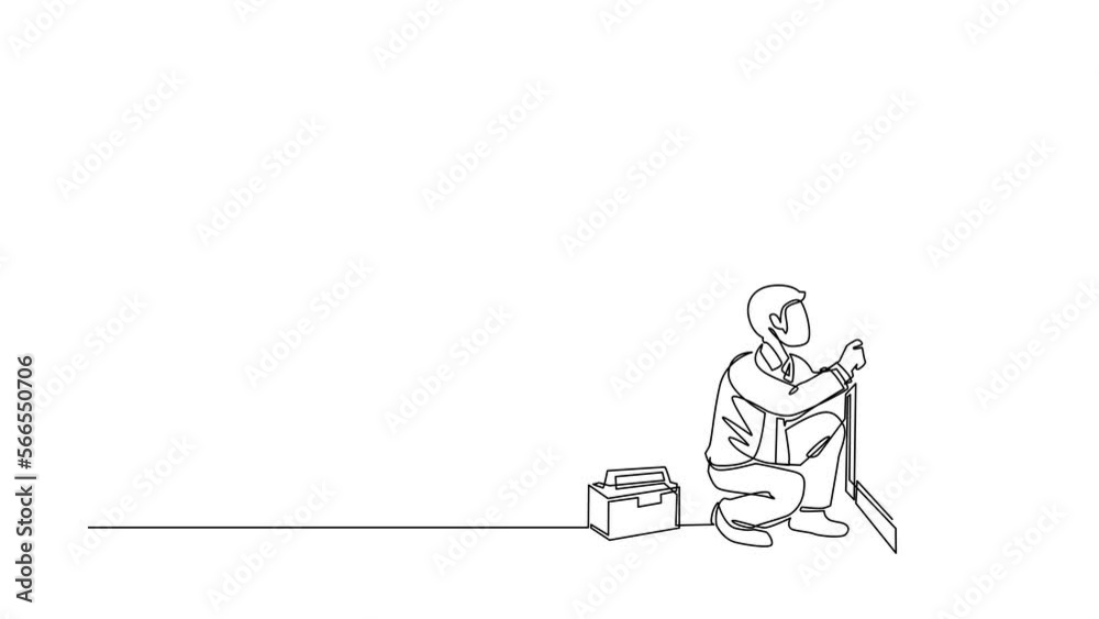 Animated self drawing of continuous line draw businessman prying doorknob with screwdriver. Man repair broken handle door knob with handyman in tool box. Business. Full length single line animation Animated self drawing of continuous line draw businessman prying doorknob with screwdriver. Man repair broken handle door knob with handyman in tool box. Business. Full length single line animation