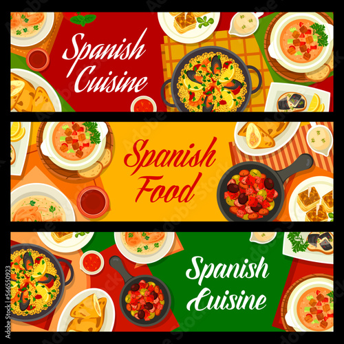 Spanish cuisine banners, food of Spain, dishes and meals for lunch and dinner, vector. Spanish restaurant and tapas bar menu of traditional seafood paella, potato omelet tortilla and chicken empanadas