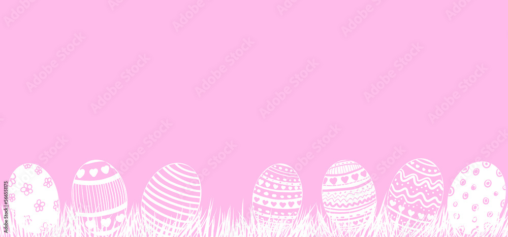 Vector illustration of flat easter eggs in white on pink background, simple cute design, banner or header, motive for greeting cards