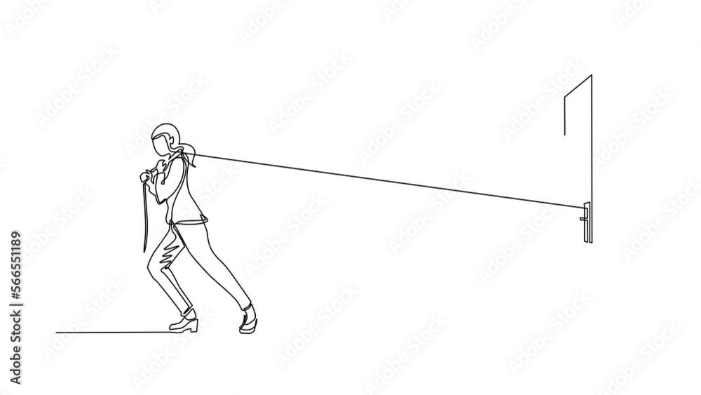 Animated self drawing of continuous line draw businesswoman trying hard to pulling rope to drag heavy door, metaphor to facing big problem. Struggles. Success. Full length one line animation