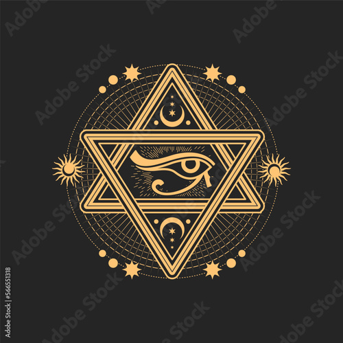 David star, eye of Horus, crescent, sun and moon esoteric occult symbol, magic tarot card signs, Vector talisman for occultism, alchemy and astrology, sacred hexagram judaism religion mystic emblem photo