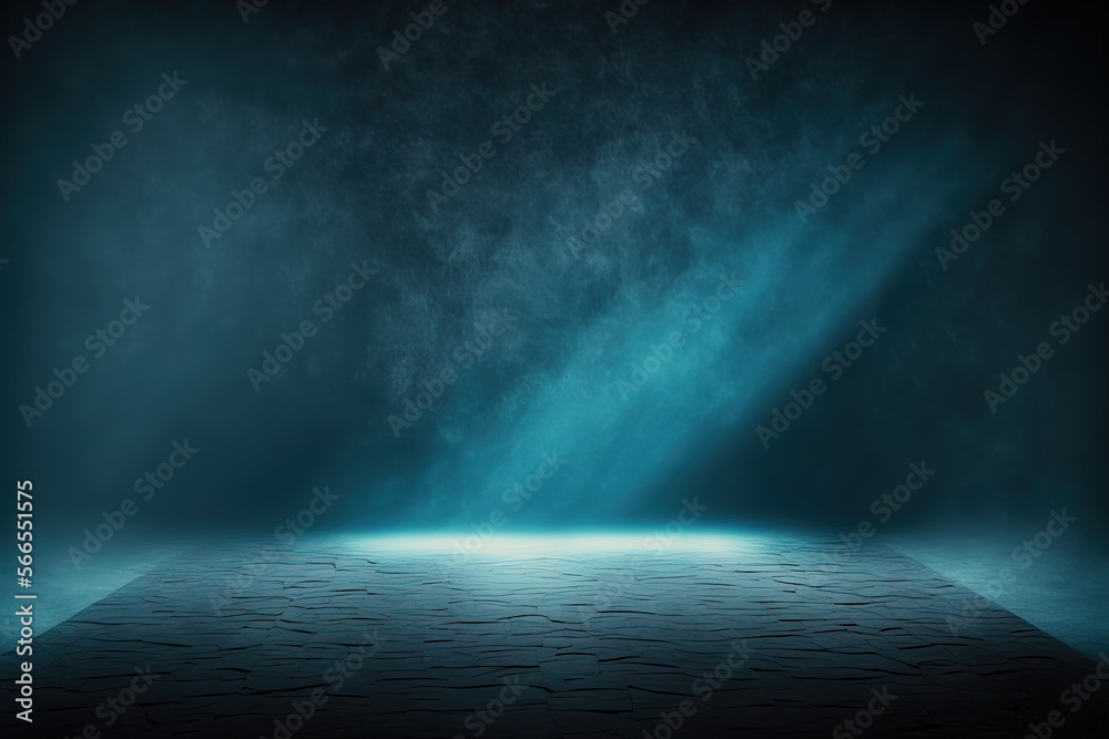 Abstract dark blue background, perspective concrete floor, empty dark scene, spotlight, glowing, flares, smoke float up, for display products. Generative AI.