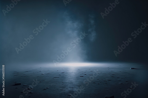Abstract dark blue background, perspective concrete floor, empty dark scene, spotlight, glowing, flares, smoke float up, for display products. Generative AI.