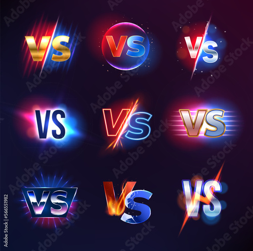 VS text and versus symbols. Sport match, championship tournament or martial arts contest, conflict, confrontation or battle vector backgrounds or symbols with flame, fire, lightning and light effects