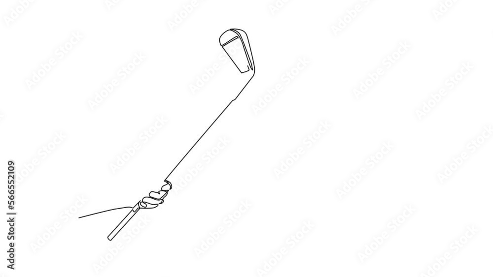 Animated self drawing of continuous line draw golfer hand holding golf stick. Golfer holding wedge. Human hand with stick, club, ball sport symbol. Golfers equipment. Full length single line animation