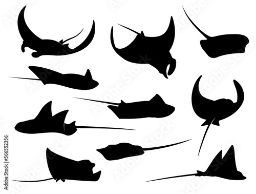 Manta ray, stingray or cramp fish silhouette. Vector animals of sea and ocean water swimming with waving fins and tails. Diving skate, stingray or eagle ray fish isolated symbols, underwater wildlife