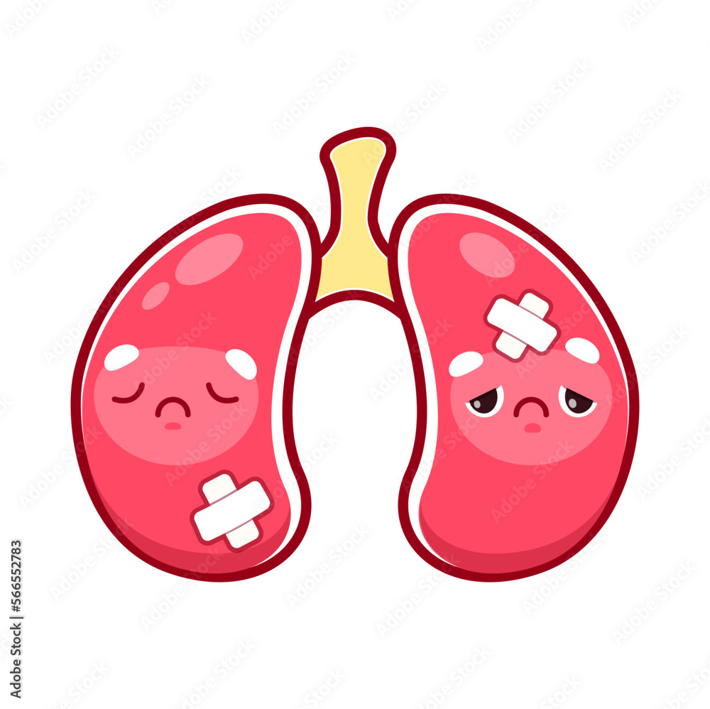 Cartoon sick lungs character. Injured and unhealthy human organ. Physiology and health problem, human lungs disease, medical diagnosis or body respiratory system internal organ sick and sad personage Cartoon sick lungs character. Injured and unhealthy human organ. Physiology and health problem, human lungs disease, medical diagnosis or body respiratory system internal organ sick and sad personage