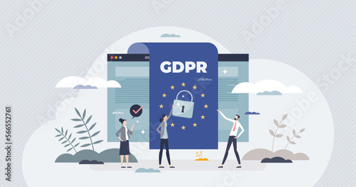 GDPR or general data protection regulation as EU law tiny person concept. Personal informational privacy with european union legal act vector illustration. Protect digital cyberspace from info leakage