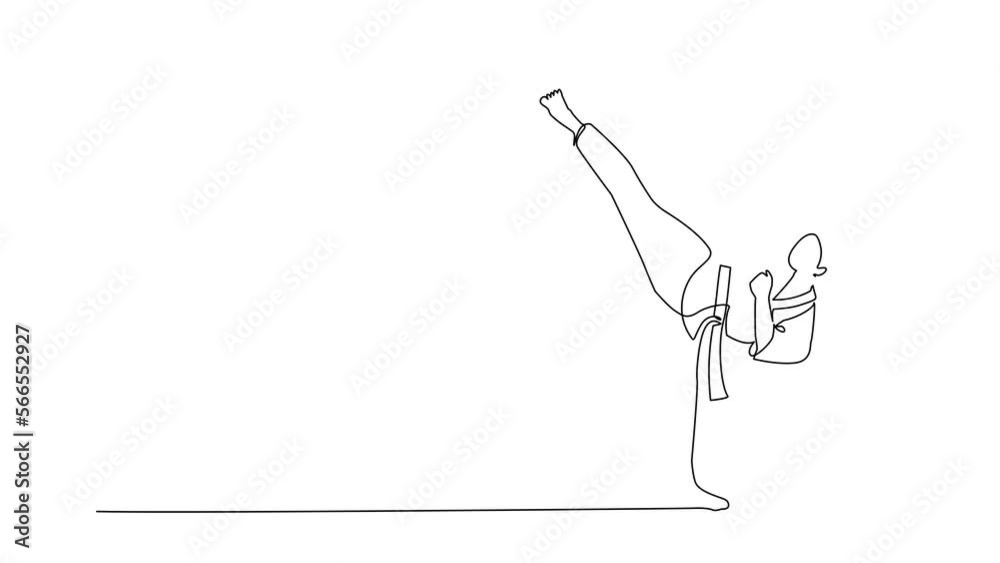 Animated self drawing of continuous line draw taekwondo woman doing kick pose in fight uniform with belt exercising martial art at gym. Healthy sport lifestyle concept. Full length one line animation