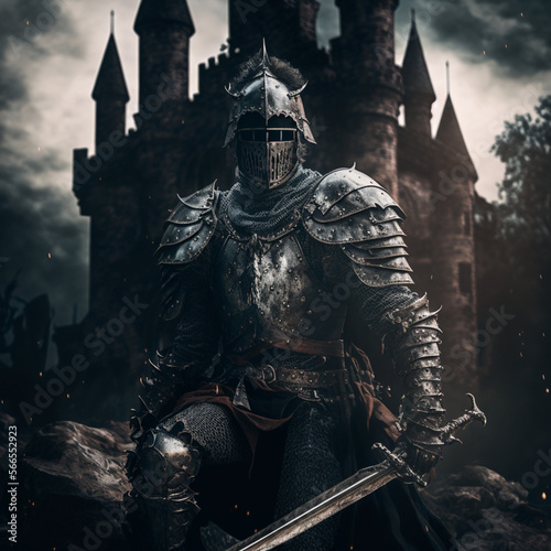 Leinwand Poster A medieval knight standing in a dark castle wearing powerful armor and a helmet