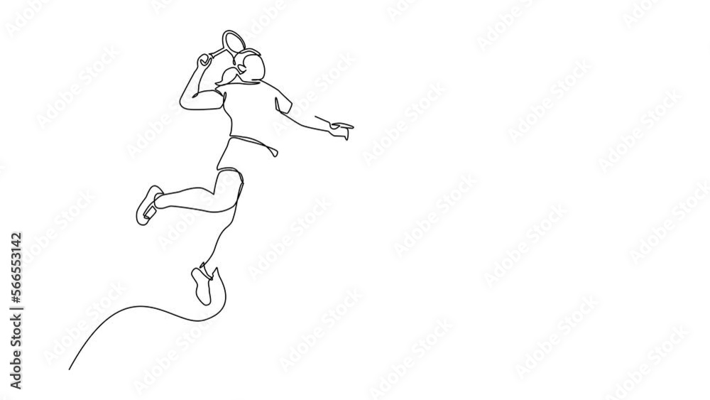 Animated self drawing of continuous line draw young agile woman badminton player jump and smash shuttlecock. Badminton tournament event. Sport exercise healthy concept. Full length one line animation Animated self drawing of continuous line draw young agile woman badminton player jump and smash shuttlecock. Badminton tournament event. Sport exercise healthy concept. Full length one line animation
