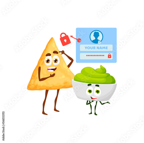Forgot password cartoon nachos and guacamole sauce characters. Funny vector tex mex snack personages scratching head trying call to mind personal information for internet profile and account access