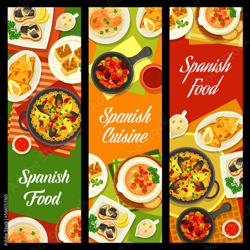 Spanish cuisine banners and restaurant menu, food of Spain, lunch or dinner dishes. Spanish cuisine restaurant and bar food menu of traditional paella, tortilla, empanadas and chicken stew chilidron