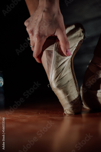Ballerina. Legs of a ballerina on pointe shoes close-up on a background. Classic and modern. pointe shoes