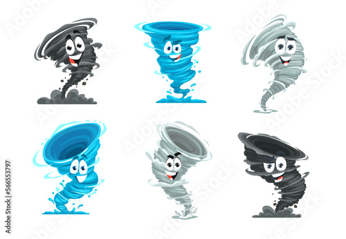 Cartoon tornado mascot. Storm, cyclone characters, cheerful tornado twister vector. Blue water, black wind cloud and grey dust whirlwind, hurricane and thunderstorm weather forecast personages