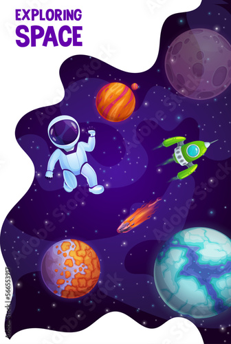 Fototapeta Naklejka Na Ścianę i Meble -  Cartoon space poster. Astronaut, rocket and space planets landscape. Space exploration poster or vector flyer, vertical leaflet or banner with fantastic planets, asteroid and spaceman in galaxy