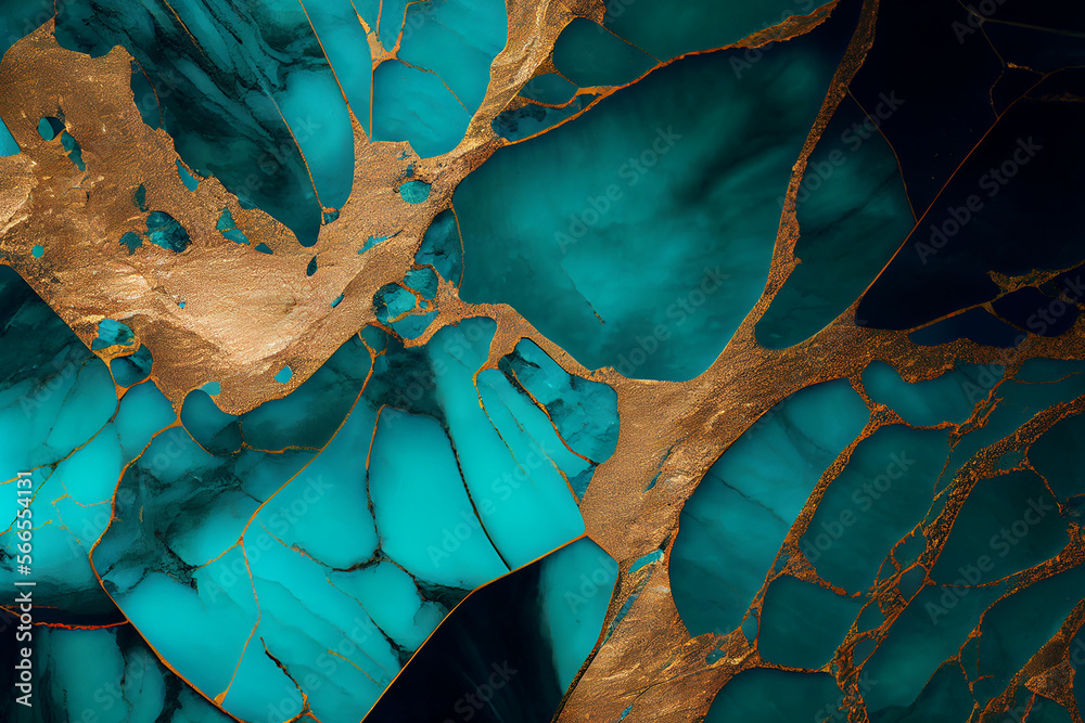 Abstract teal marble background with golden veins, marble stone texture