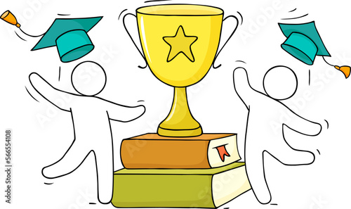 Students with school award, trophy cup on books