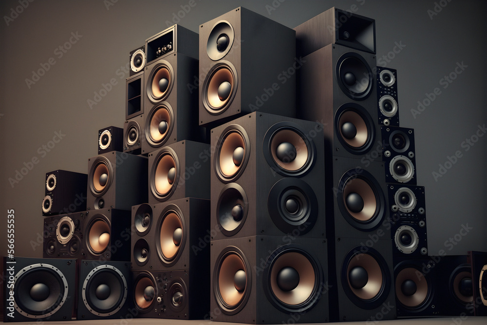 A large stack of music audio speakers. 3d illustration A large stack of music audio speakers. 3d illustration