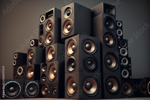 A large stack of music audio speakers. 3d illustration