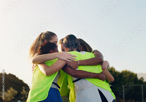 Fototapeta Naklejka Na Ścianę i Meble -  Support, hug and team huddling for hockey, game motivation and sports on a field in Australia. Team building, planning and athlete girls with a circle huddle for teamwork, training and sport