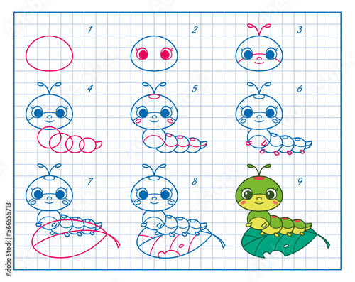 How to Draw Cute Caterpillar, Step by Step Lesson for Kids cartoon vector illustration