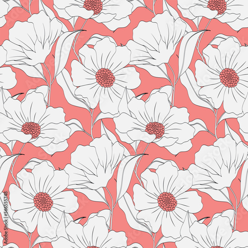 Seamless floral pattern with elegant line art plants. Beautiful flower print, trendy botanical design with large hand drawn white flowers, leaves on a gentle pink background. Vector illustration.
