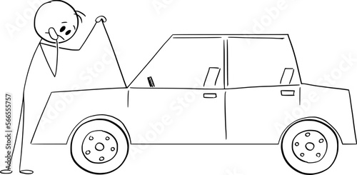 Driver and Broken Car , Vector Cartoon Stick Figure Illustration