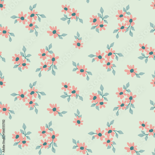 Seamless floral pattern, romantic ditsy print with rustic motif. Cute botanical design with small hand drawn plants: daisy flowers, leaves on a light background. Vector illustration.