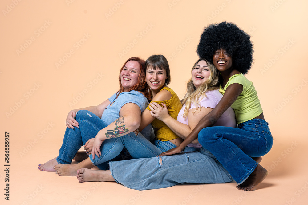 Body Positive and Acceptance, multiracial group of happy women with different body and ethnicity posing together to show the woman power and strength, curvy, plus size and skinny kind of body concept Body Positive and Acceptance, multiracial group of happy women with different body and ethnicity posing together to show the woman power and strength, curvy, plus size and skinny kind of body concept