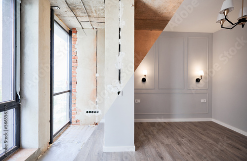 Comparison of apartment room with large panoramic window before and after refurbishment. Old room before restoration and new renovated room with elegant interior design.