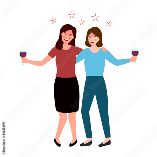 Two drunk women enjoy drinking beer or wine in flat design. Alcohol addiction. Alcoholism.
