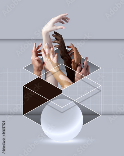 Contemporary art collage. Creative surreal design. Human hands aesthetics. Hands sticking out abstract cube over grey background. Concept of imagination, surreal art, inspiration. Magazine style