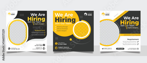 We are hiring social media post job vacancy banner template with black yellow color. corporate employee recruitment square flyer design.