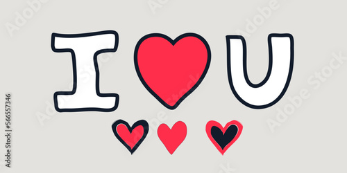 Inscription I love u. I love you, handwritten abbreviated text with hand painted hearts. Modern design for print on card, poster, banner for Valentines Day or wedding invitation. Vector illustration