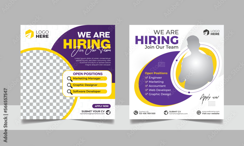 We are hiring social media post job vacancy banner template with black violet yellow color. corporate employee recruitment square flyer design.