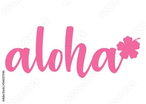 Logo destino de vacaciones. Letras de la palabra hawaiana aloha en texto manuscrito con silueta de flor de hibisco