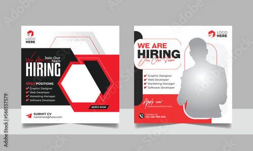 Hiring job vacancy social media post template set. Vacant recruitment marketing web banner square flyer design.