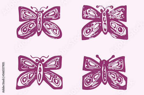 Quirky butterfly vector icon set. Whimsical naive bug motif.