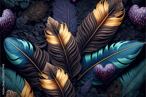  Colors Stylish dark feather texture background. Colorful peacock feathers Shallow Dof. Peacock feather   close up of black and gold feathers background. Top view