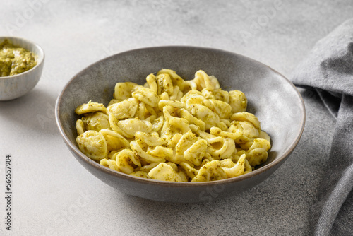 Pasta Orecchiette with sauce pesto on gray background. Close up. Italian typical cuisine.