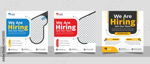 Hiring job vacancy post banner template set. Business we are hiring employee square flyer design.