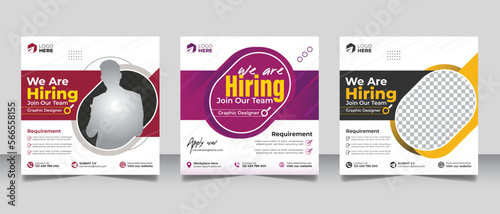 Hiring job vacancy post banner template set. Business we are hiring employee square flyer design.